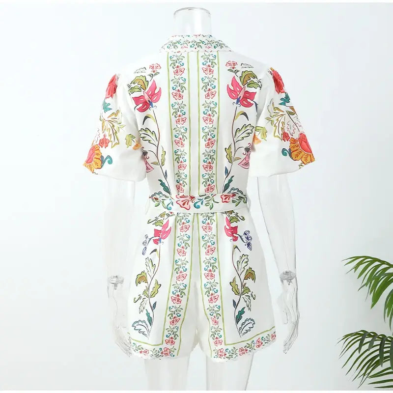 Women Fashion Printed Lace-up Jumpsuit Casual V-neck Puff Short Sleeve High-waist Romper 2024 Summer Lady Elegant