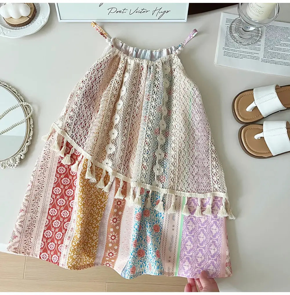 2-8Y Kids Girls Dress Boho Style Print Sleeveless Hallow Out Tassel Dresses Children Clothes Baby Girl Beach Dress