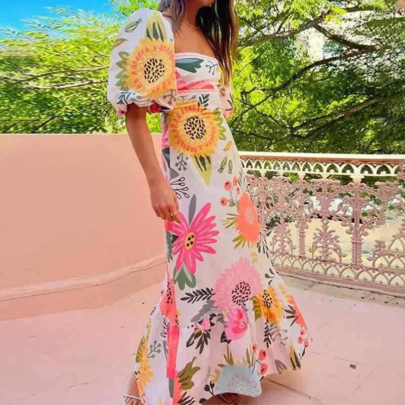 Women Elegant Printed Square Neck Maxi Dress Summer Fashion Short Lantern Sleeve A-line Dresses Female New Vacation