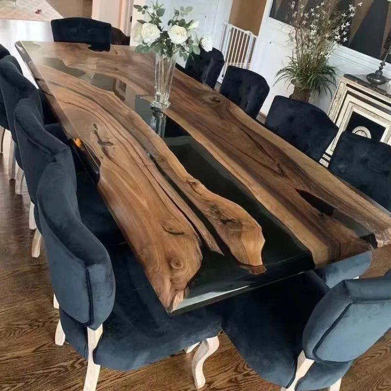 Solid Walnut Wood Dining Table with Epoxy Resin River Design – Perfect for Cafes, Kitchens, Restaurants, and Coffee Shops