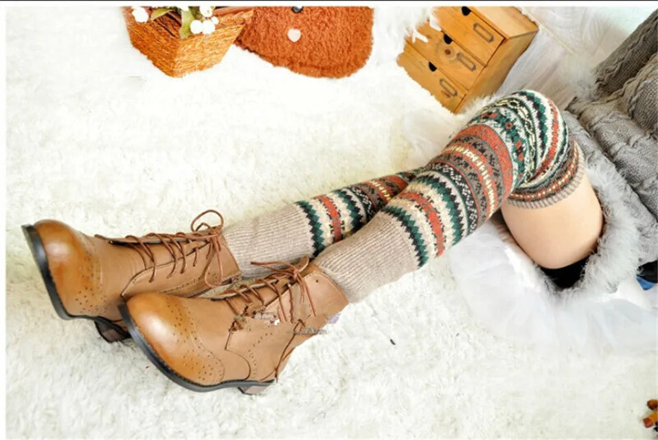 Boho Winter Over Knee Long Knit Cover Crochet Women Leg Warmers Legging Warm Striped Christmas Legwarmers