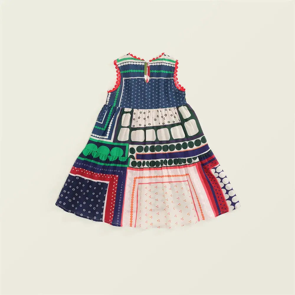 Girls Boho Patchwork Sleeveless Dress For 2-7 Years Summer Vintage Style Kids Clothing