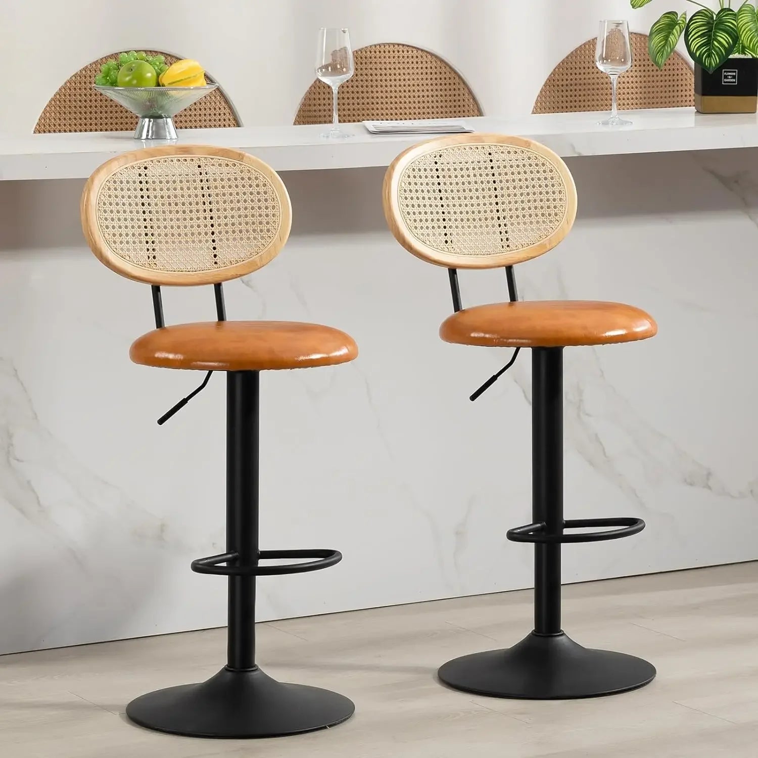 Set of 2 Modern Rattan Bar Stools – Natural Woven Swivel Seat with Adjustable Height, Cane Backrest, and Footrest for Kitchen Island, Home Bar