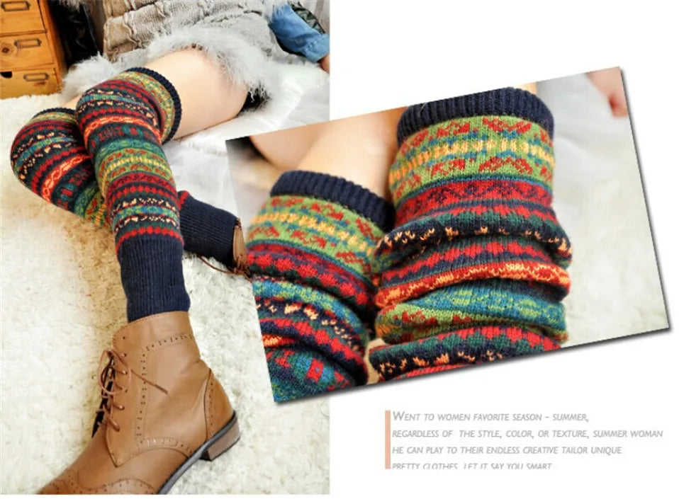 Boho Winter Over Knee Long Knit Cover Crochet Women Leg Warmers Legging Warm Striped Christmas Legwarmers