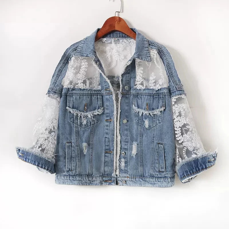 Women's Embroidered Lace Patchwork Denim Jacket - Loose Jean Coat for Summer Streetwear, Casual & Sexy Style