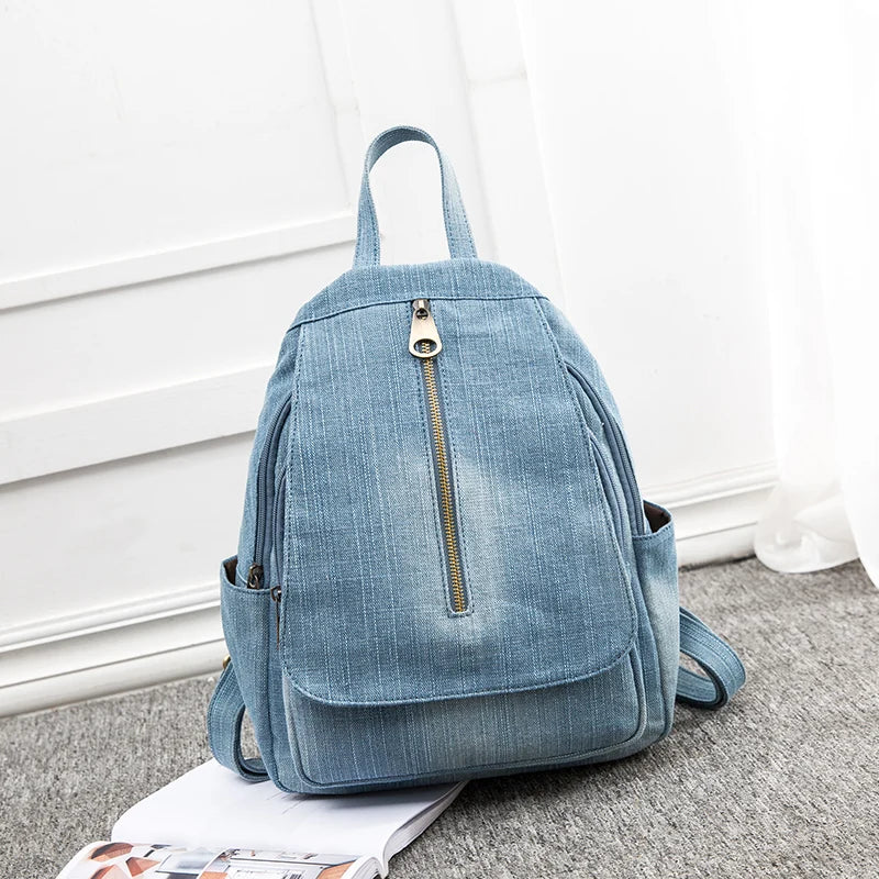 Luxury Women's Denim Backpack - Large Capacity Daypack & Travel Rucksack, Light Blue Quality Student School Bag