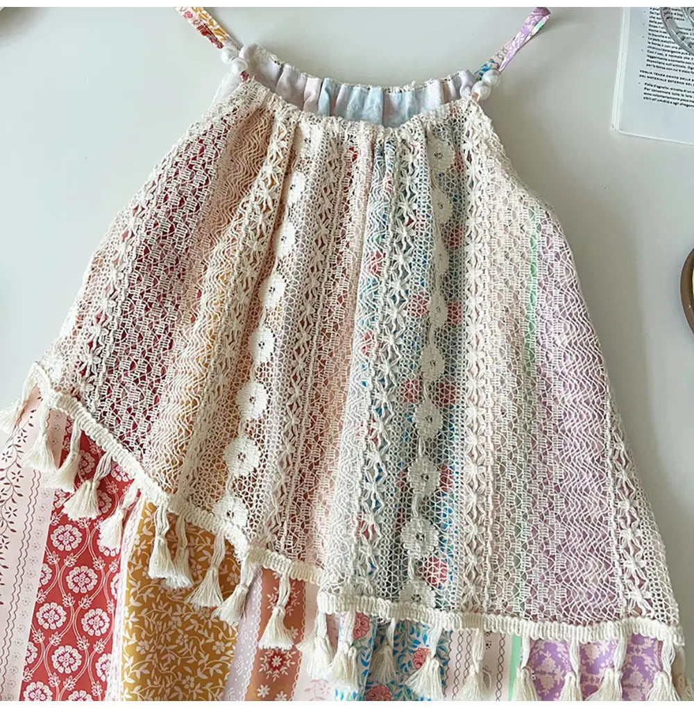 2-8Y Kids Girls Dress Boho Style Print Sleeveless Hallow Out Tassel Dresses Children Clothes Baby Girl Beach Dress