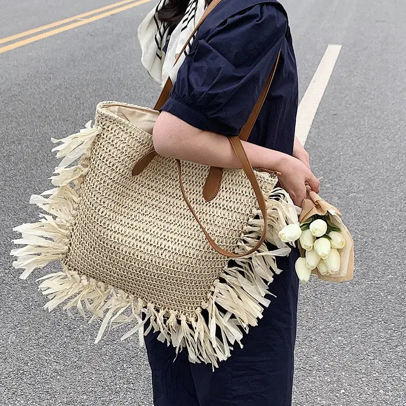 EcoChic Boho Tassel Tote Large Capacity Straw Shoulder Bag for Summer Adventures