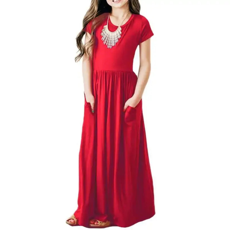 Girls New Solid Color Short Sleeved Long Dress Beach Party Birthday Casual Fashion Show Versatile A-Line Dress