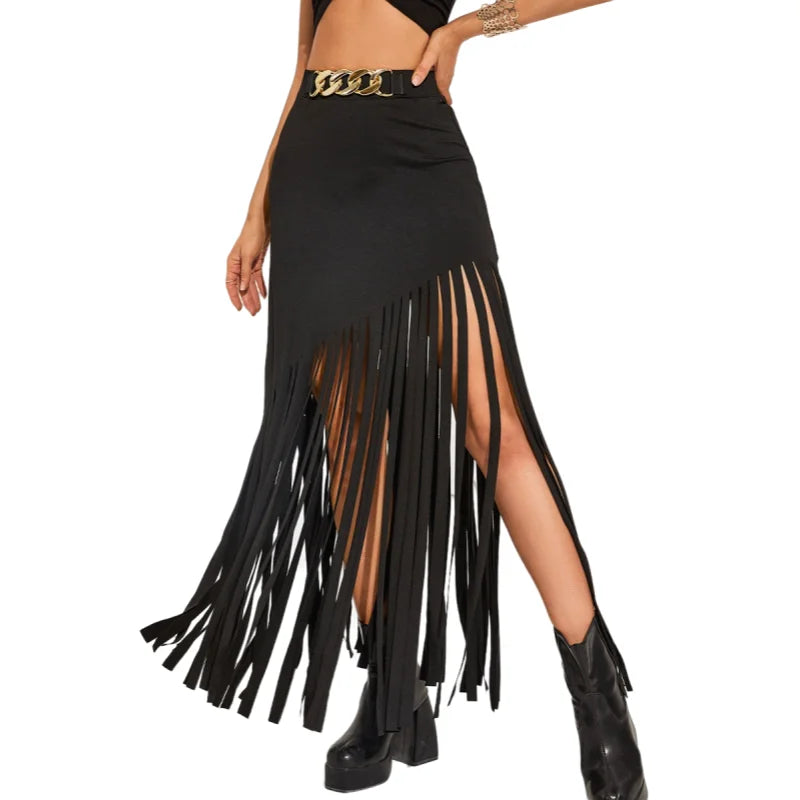 Women's Fringe Bodycon Maxi Skirt - High Waist Tassel Chain Black Long Skirt for Elegant Evening Wear