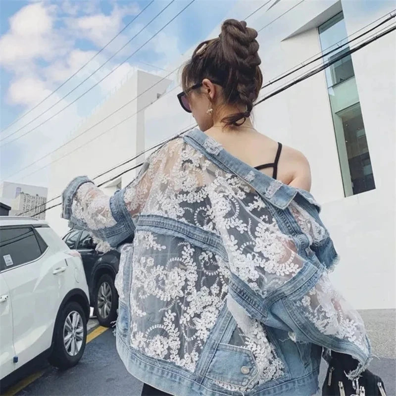 Women's Embroidered Lace Patchwork Denim Jacket - Loose Jean Coat for Summer Streetwear, Casual & Sexy Style