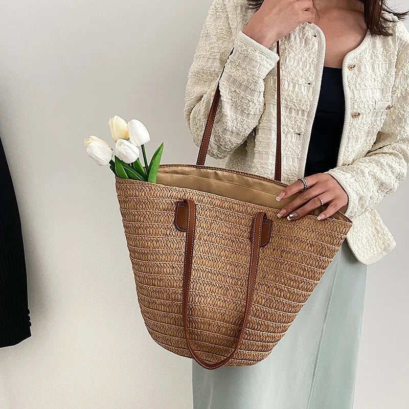 Women's Large Capacity Straw Woven Shoulder Bag - Fashionable Summer Basket Handbag, Luxury Designer Beach Bag & Bali Shopper Tote