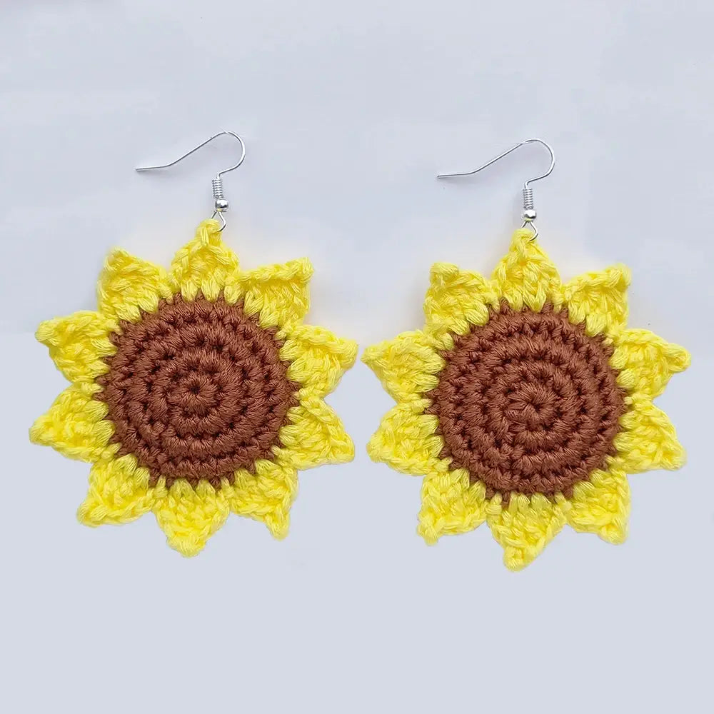 Handmade Knitted Sunflower Dangle Hooks Earrings for Women Fashion Big Flower Drop Accessories Boho Jewelry