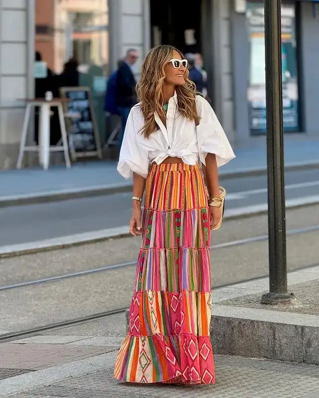 Printed Ruffles A-line Skirt Women Fashion Casual Bohemian Vacation Commuting Style Loose Long Skirts Trendy Female