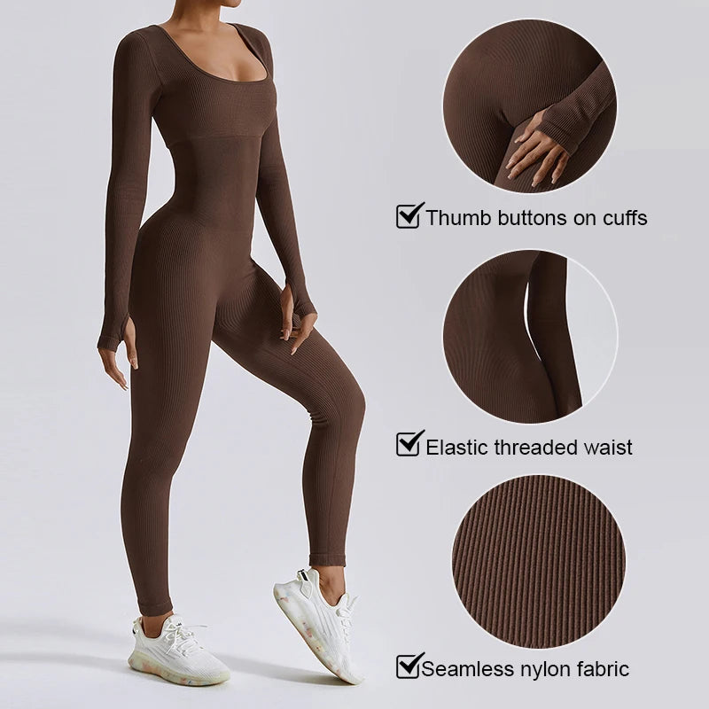 Women's Ribbed Long Sleeve Yoga Jumpsuit - One-Piece Square Neck Workout Bodysuit for Gym & Sportswear