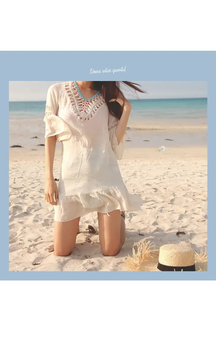 Women’s Summer Trend Short Sleeve Beach Dress Hollow Backless Bikini Cover Up Sexy Ruffle Knit Tassel Holiday Dress