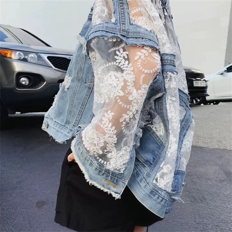 Women's Embroidered Lace Patchwork Denim Jacket - Loose Jean Coat for Summer Streetwear, Casual & Sexy Style