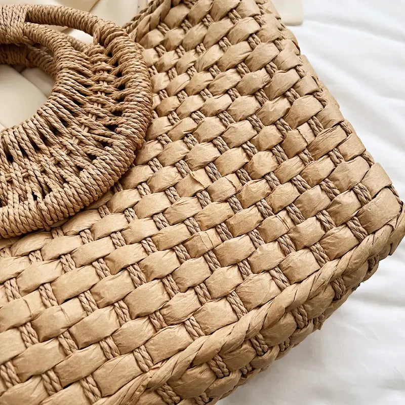 Boho Straw Bag Women Summer Handbag Half Moon Shape Rattan Woven Shopper Bag Large Capacity Beach Bag Vacation Tote Bag