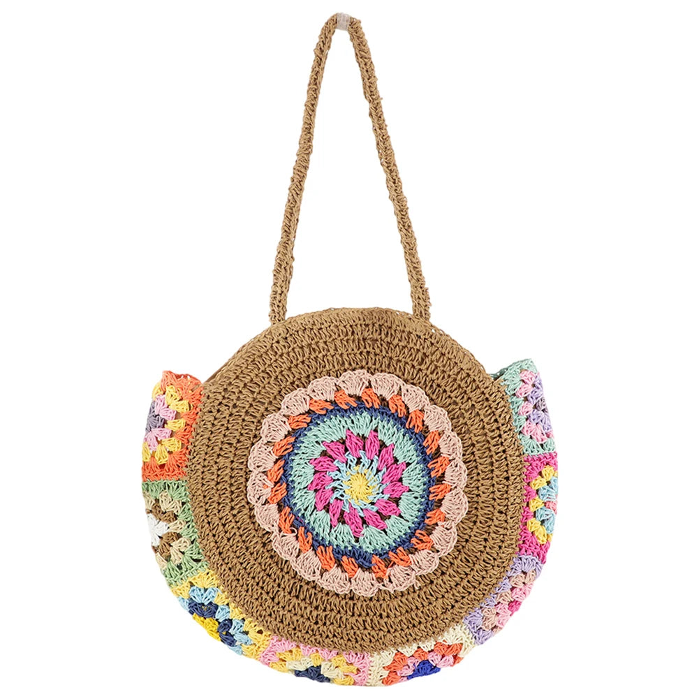 Handmade Woven Beach Underarm Bag - Large Capacity Ethnic Style Round Straw Tote for Women, Fashionable Shoulder Bag