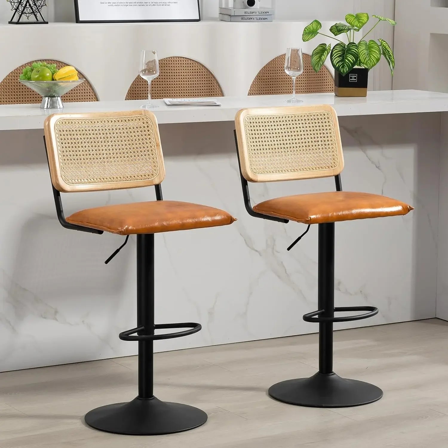 Set of 2 Modern Rattan Bar Stools – Natural Woven Swivel Seat with Adjustable Height, Cane Backrest, and Footrest for Kitchen Island, Home Bar