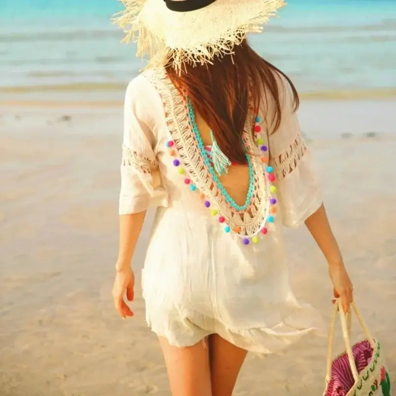 Women’s Summer Trend Short Sleeve Beach Dress Hollow Backless Bikini Cover Up Sexy Ruffle Knit Tassel Holiday Dress