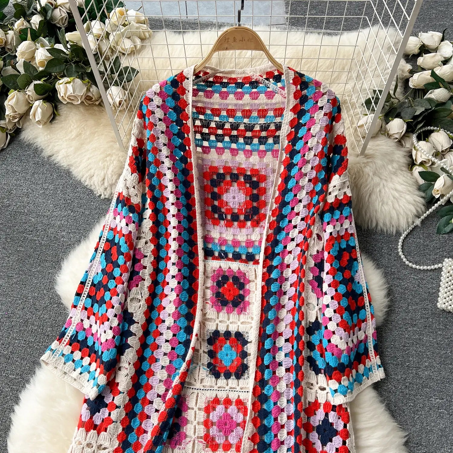 Boho Eco Knit Long Cardigan Elegant Long Sleeve Hook Hollow Out Design Retro Ladies Casual Sweater Open Front