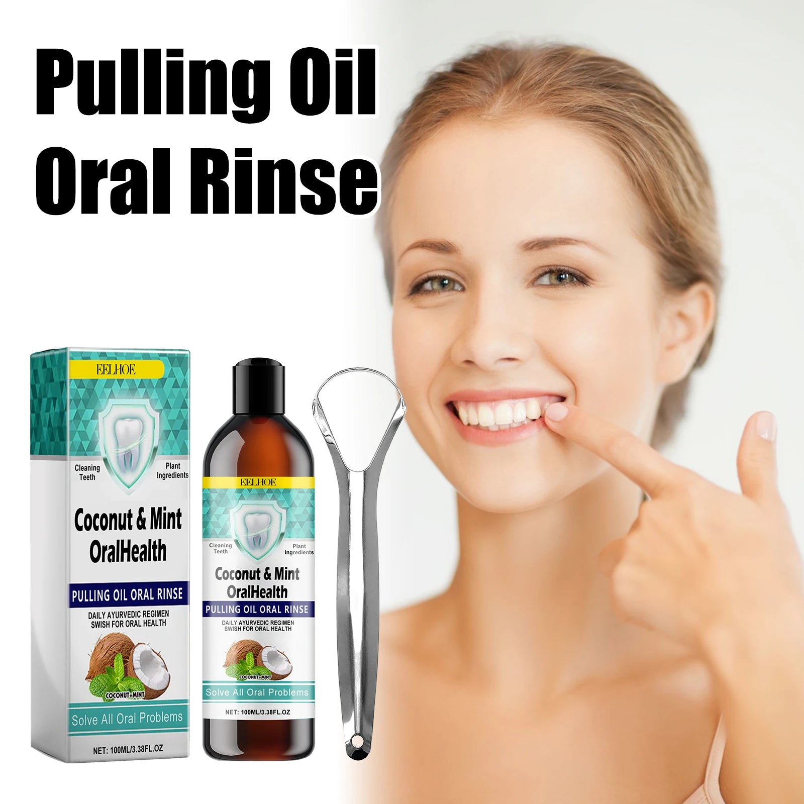 Coconut Mint Pulling Oil Mouthwash Alcohol-free Teeth Whitening Fresh Oral Breath Tongue Scraper Set Mouth Heal