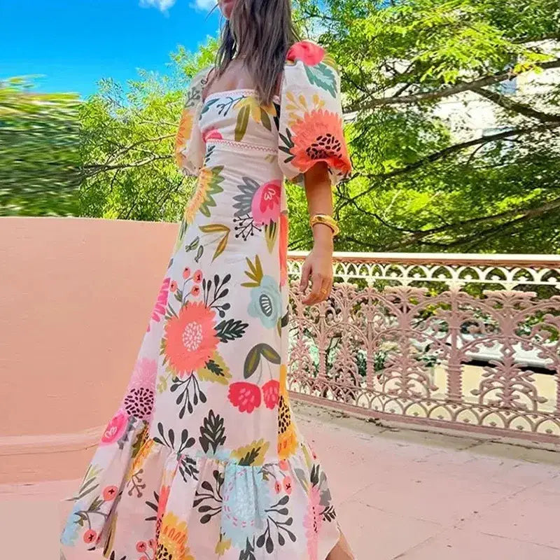 Women Elegant Printed Square Neck Maxi Dress Summer Fashion Short Lantern Sleeve A-line Dresses Female New Vacation