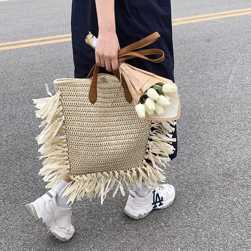 EcoChic Boho Tassel Tote Large Capacity Straw Shoulder Bag for Summer Adventures