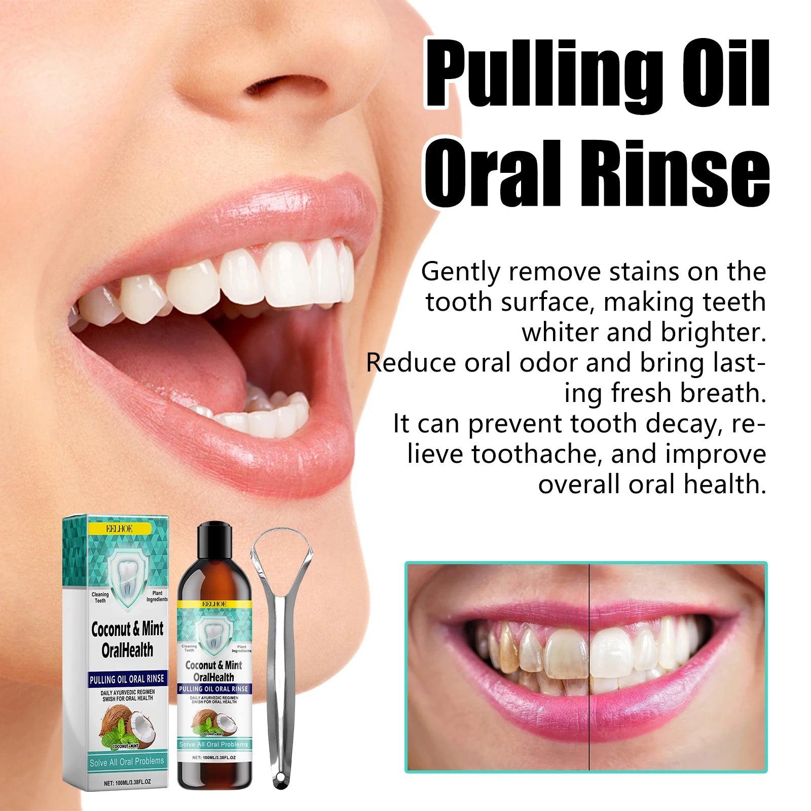 Coconut Mint Pulling Oil Mouthwash Alcohol-free Teeth Whitening Fresh Oral Breath Tongue Scraper Set Mouth Heal