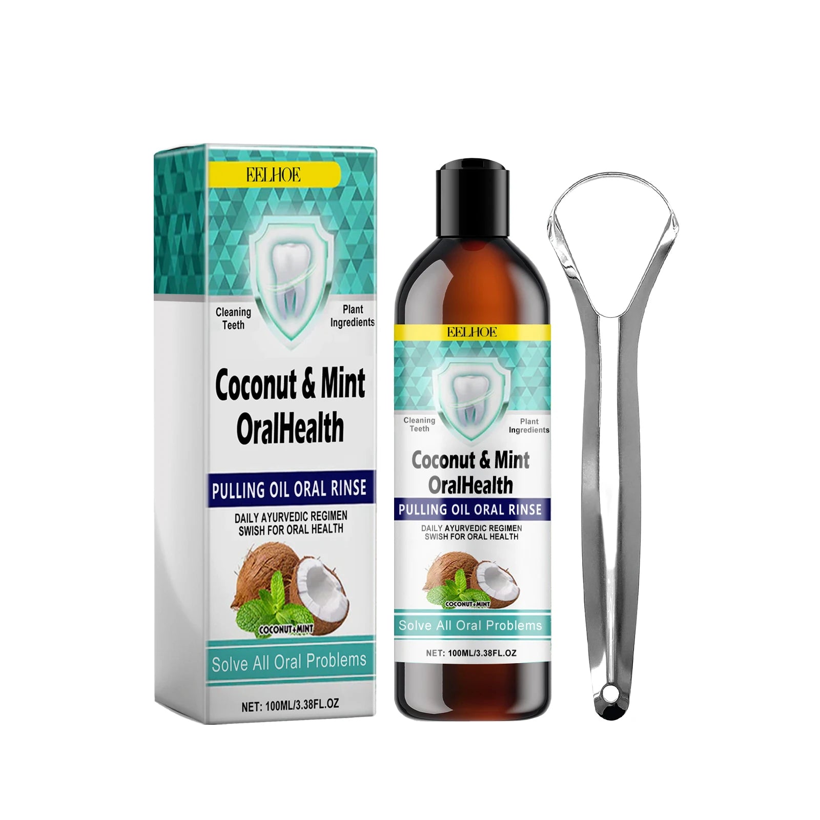 Coconut Mint Pulling Oil Mouthwash Alcohol-free Teeth Whitening Fresh Oral Breath Tongue Scraper Set Mouth Heal