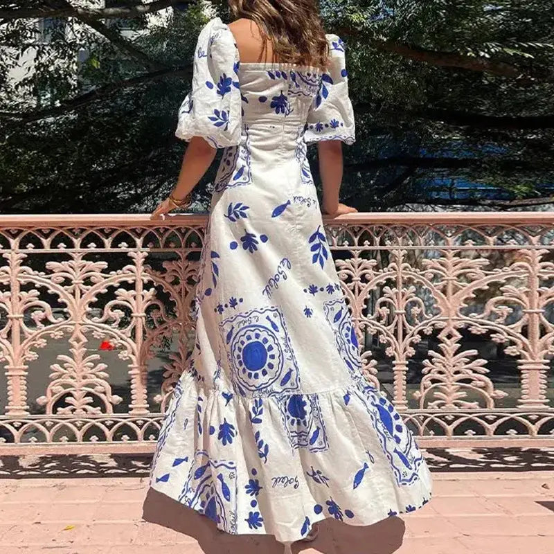 Women Elegant Printed Square Neck Maxi Dress Summer Fashion Short Lantern Sleeve A-line Dresses Female New Vacation