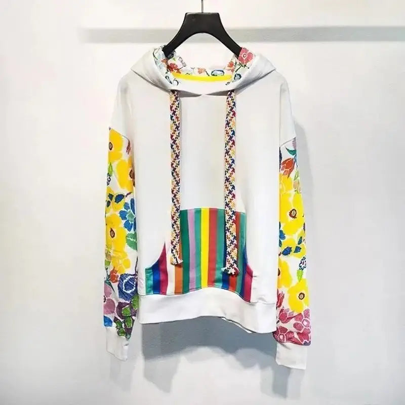 Trendy Street Style Women’s Printed Patchwork Hooded Top Sweatshirts Spring Autumn New Long Sleeved Female Loose Hoodie