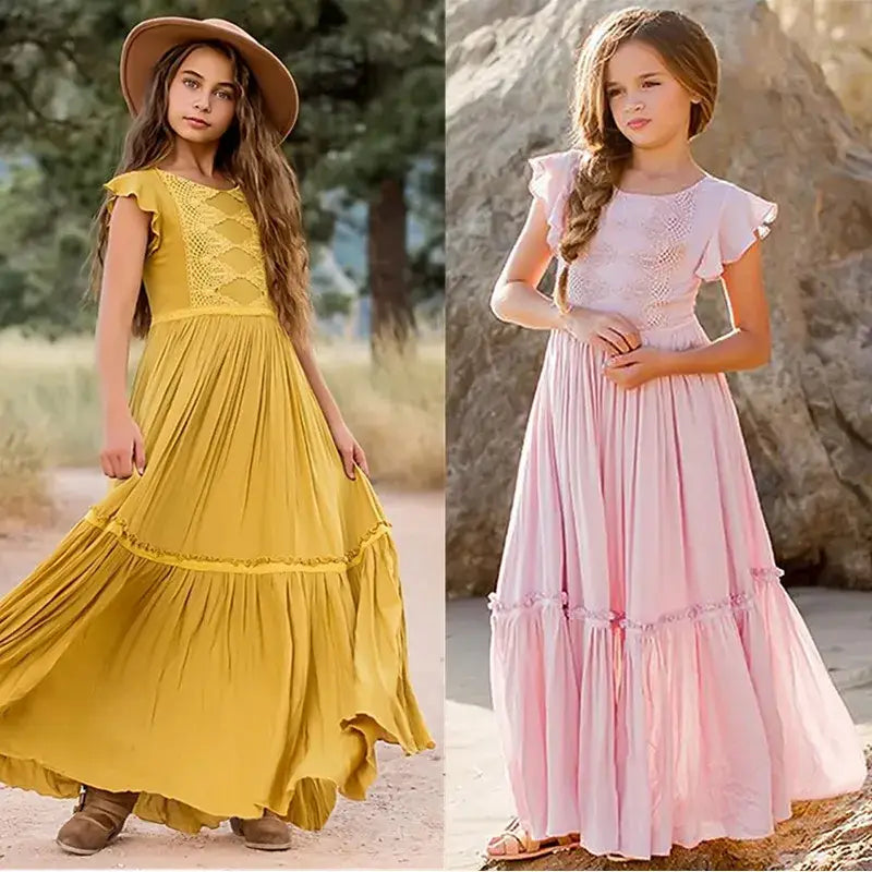 Summer New Girl Lace Floral Dress Kids Boho Short Sleeve Maxi Long Vestido Flower Girls Dresses For Wedding Kid