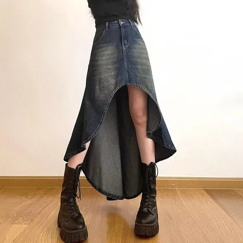 Irregular Vintage Y2K A-Line Denim Skirt for Women - Distressed High Street Hipster Ankle-Length Summer Fashion