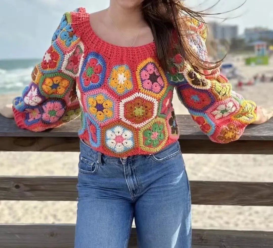 Handmade Pullover Sweater – Loose Casual Short Top for Women’s Unique Style