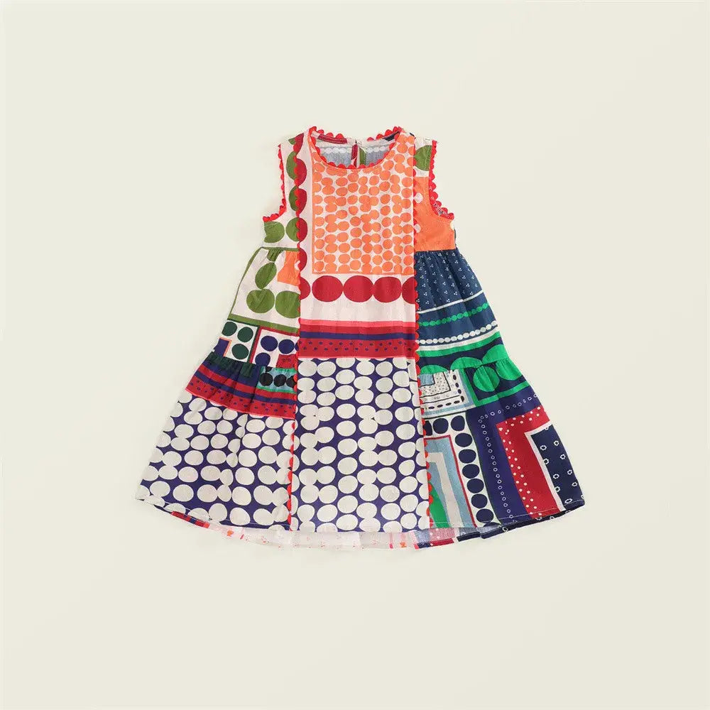 Girls Boho Patchwork Sleeveless Dress For 2-7 Years Summer Vintage Style Kids Clothing