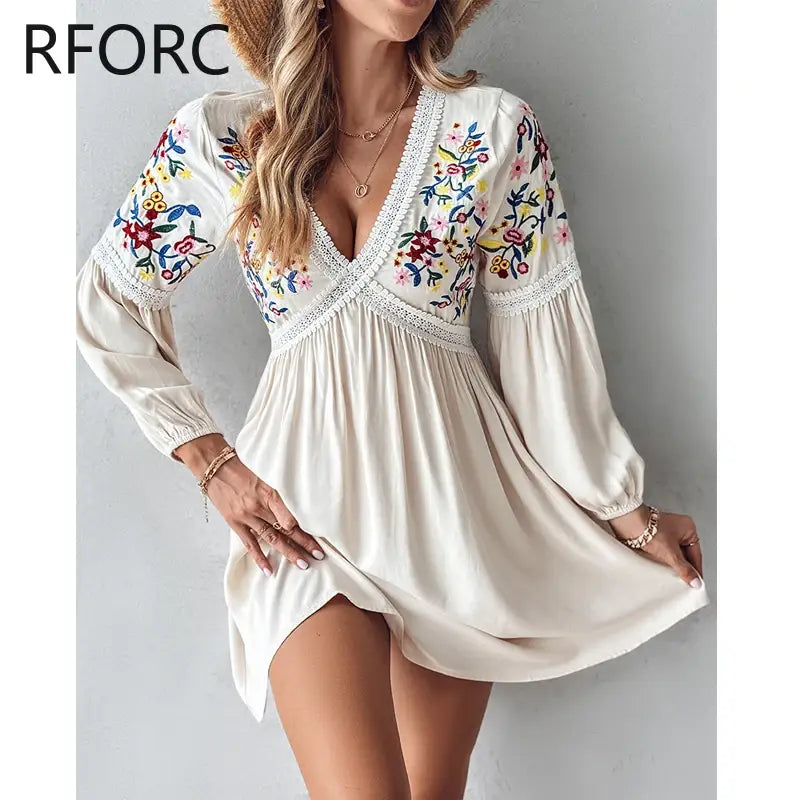 2024 Women Long Sleeves Embroidery Floral V Neck Loose Fit Vacation Mini Dress