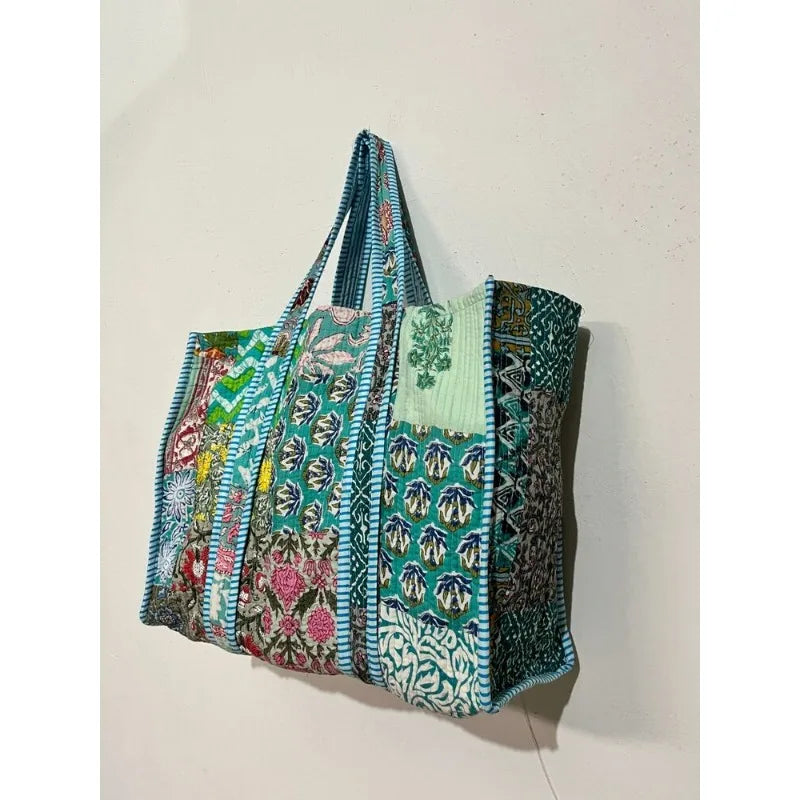 Handmade Indian Turquoise Patchwork Quilted Shoulder Bag – Women’s Cotton Tote Bag