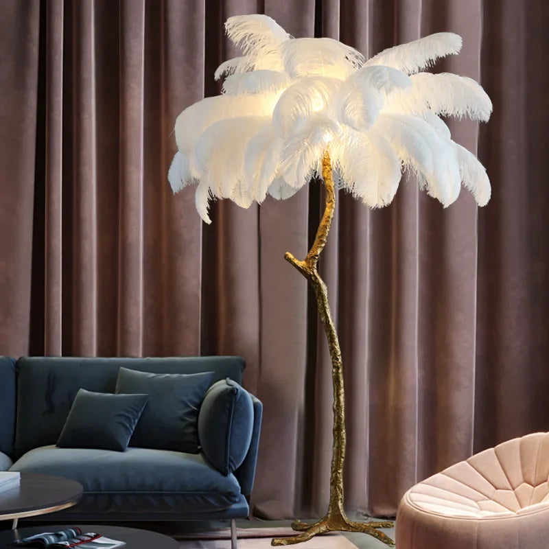 Nordic Modern Luxury LED Ostrich Feather Floor Lamp - Romantic Tree Branch Design for Bedroom, Princess Table Light, or Living Room Decor