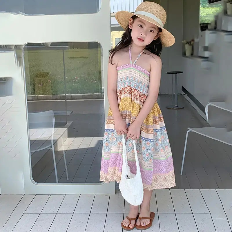 Little Girls Beach Floral Dress Summer Cozy Cotton Smocked Slip Dresses Children Boho Ethnic Style Skirt Toddler