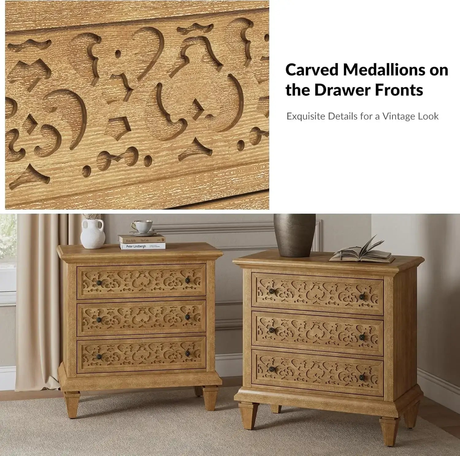 Bohemian Hand carved Nightstand Built-in Outlets Bedside Furniture End Table for Entryway Closet Set of 2 End Table