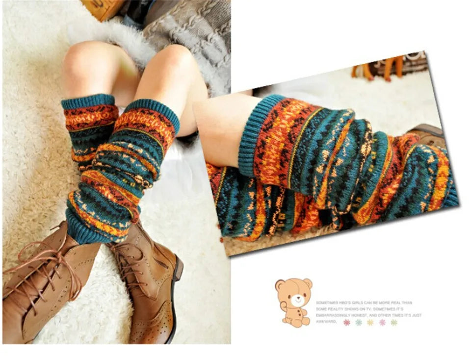 Boho Winter Over Knee Long Knit Cover Crochet Women Leg Warmers Legging Warm Striped Christmas Legwarmers