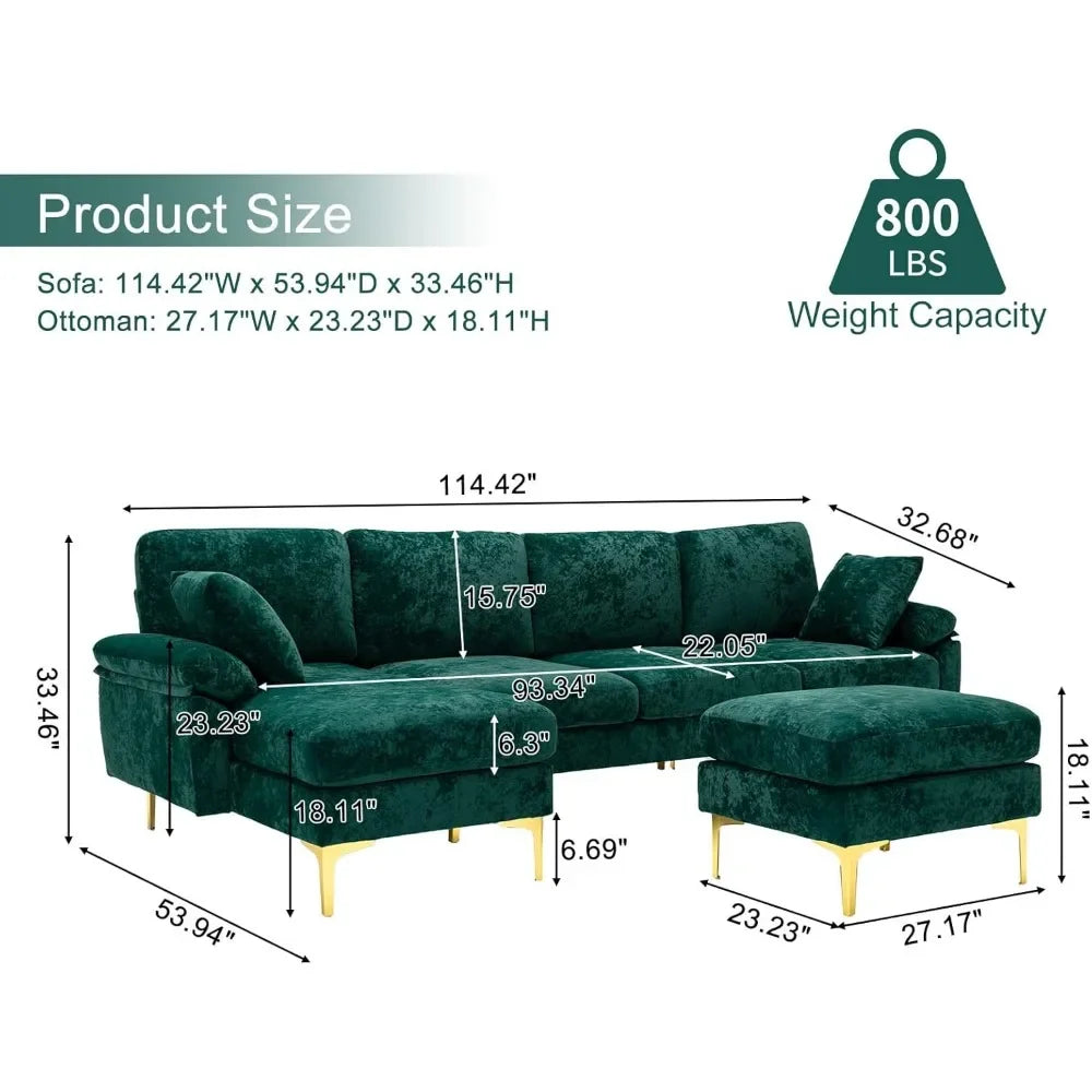 Modern U-Shaped Velvet Sectional Sofa Set with Chaise Lounge, Ottoman, and Pillows – Stylish Couch for Living Room, Office, and Apartment