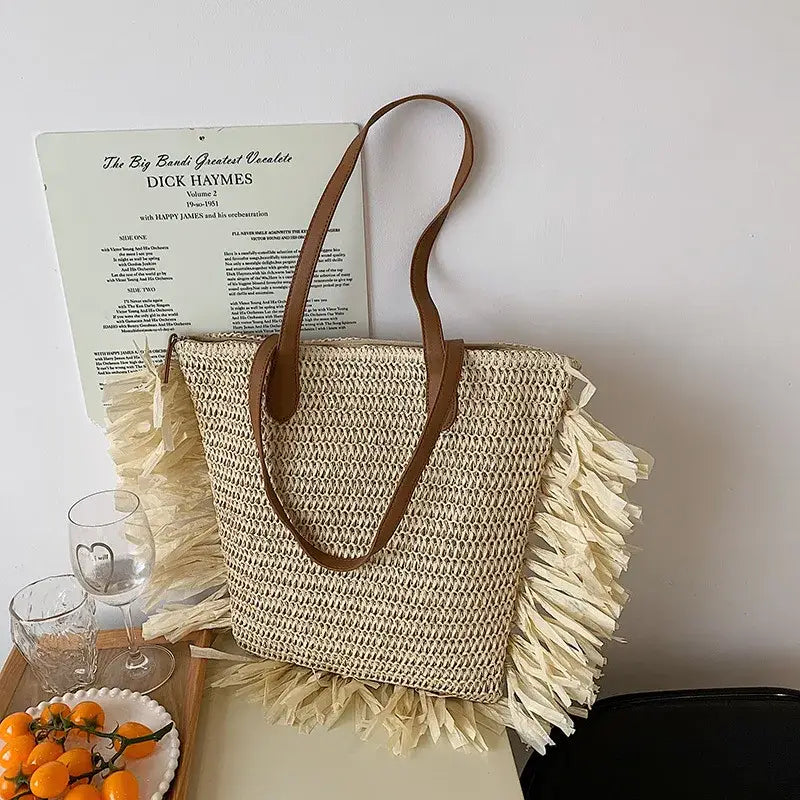 EcoChic Boho Tassel Tote Large Capacity Straw Shoulder Bag for Summer Adventures