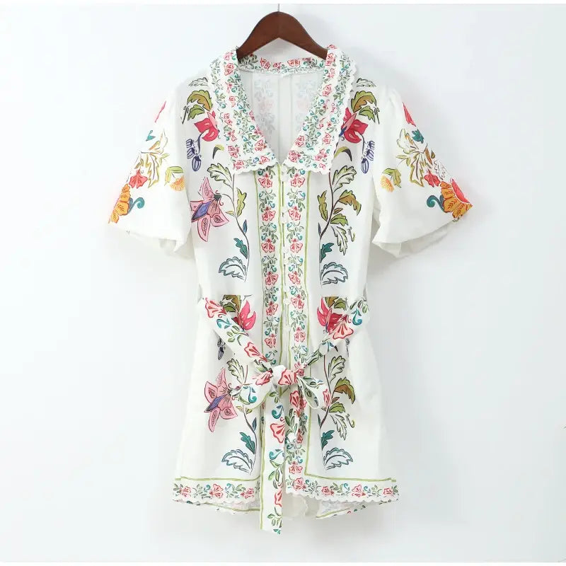 Women Fashion Printed Lace-up Jumpsuit Casual V-neck Puff Short Sleeve High-waist Romper 2024 Summer Lady Elegant