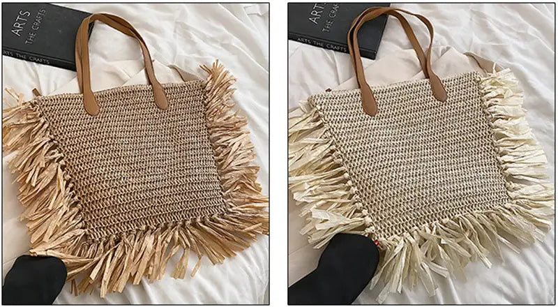 EcoChic Boho Tassel Tote Large Capacity Straw Shoulder Bag for Summer Adventures