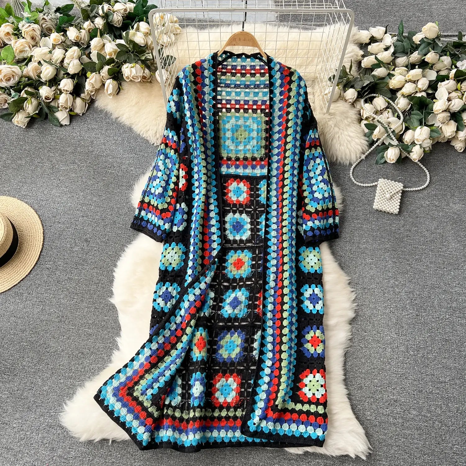 Boho Eco Knit Long Cardigan Elegant Long Sleeve Hook Hollow Out Design Retro Ladies Casual Sweater Open Front