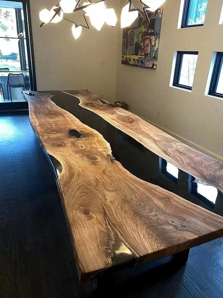 Solid Walnut Wood Dining Table with Epoxy Resin River Design - Luxury Slab Table for Dining Room, Kitchen, or Restaurant