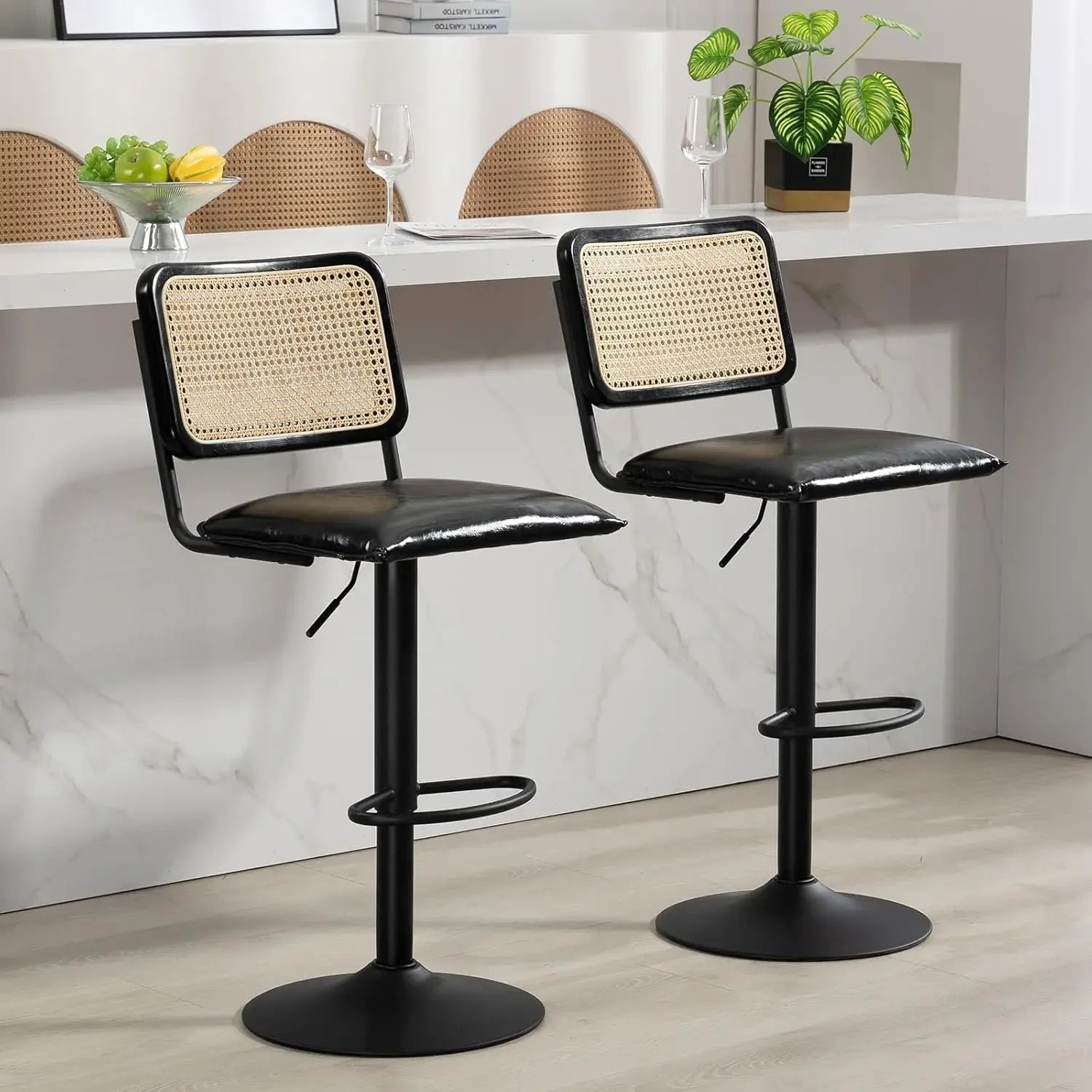 Set of 2 Modern Rattan Bar Stools – Natural Woven Swivel Seat with Adjustable Height, Cane Backrest, and Footrest for Kitchen Island, Home Bar